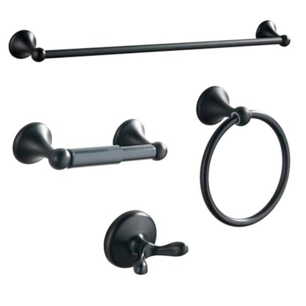 Matte Black Bathroom Hardware Set 4 Piece Towel Bar Hook Toilet Paper Holder